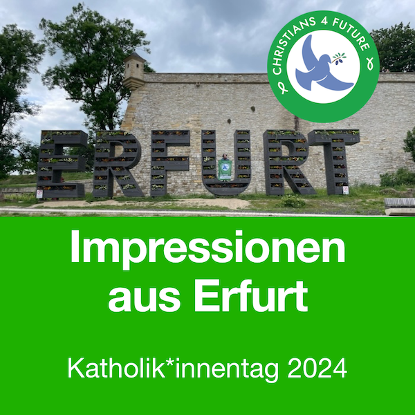 Ein Foto mit einer Mauer im Hintergrund und Wiese im Vordergrund. Vor der Mauer auf der Wiese in Großbuchstaben geformte Statuen, die den Namen Erfurt bilden. Rechts oben das C4F-Logo. Text: Impressionen aus Erfurt. Katholik*innentag 2024.