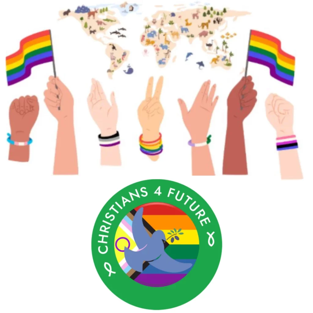 Das Bild zeigt eine Weltkarte und sieben Arme, unterschiedlicher Hautfarben. Eine Hand hält eine Regenbogenfahne nach oben. Darunter das Logo der Christians for Future mit der LGBTQIA2S+ Fahne im Hintergrund.