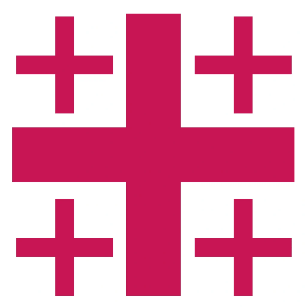 Das Bild zeigt das Logo des Deutschen Evangelischen Kirchentages 2025 (ohne die Textmarke). Es sind als insgesamt fünf Kreuze sichtbar.