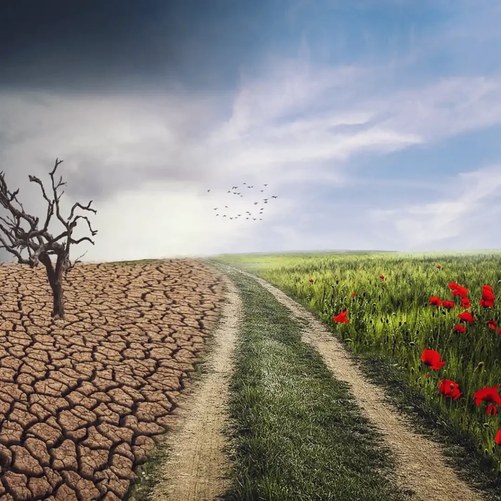 Das Bild zeigt einen Feldweg. Links davon ein verdorrter Acker mit einem abgestorbenen Baum. Rechts davon ein blühendes Feld.